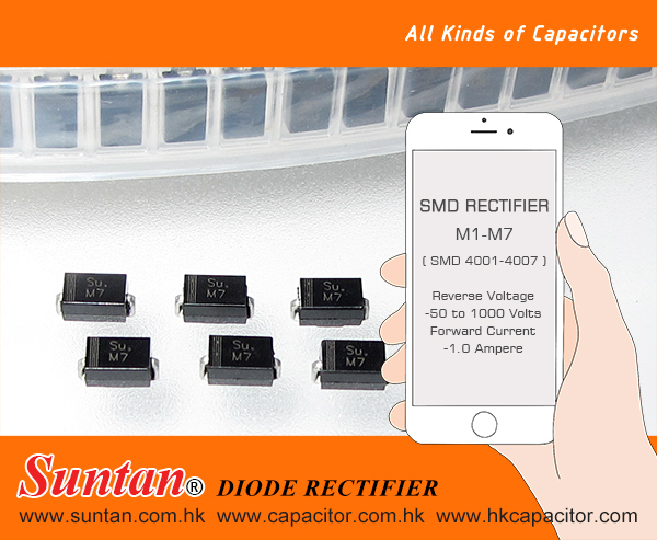 Suntan SMD Rectifier M1–M7 Series – surface-mount general rectifier diodes, reverse voltage up to 1000 V, 1.0 A forward current class