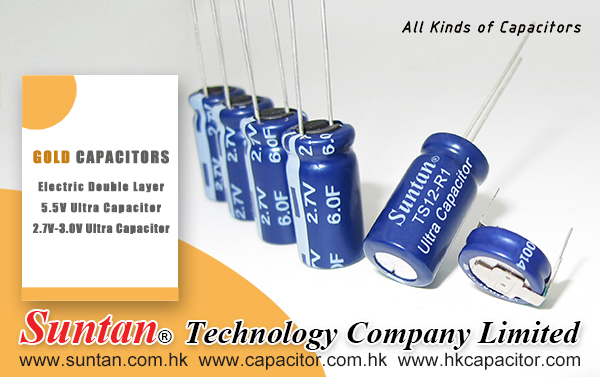 Suntan TS12 Series Gold Capacitors featuring low ESR, high reliability, and long service life for IoT power backup and industrial control systems